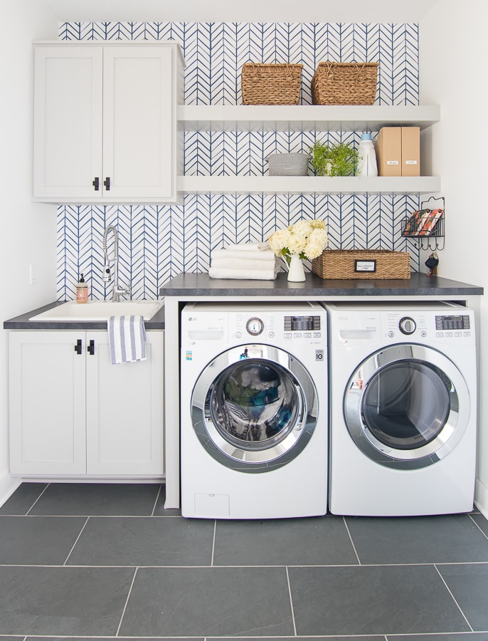 A laundry room with wallpaper