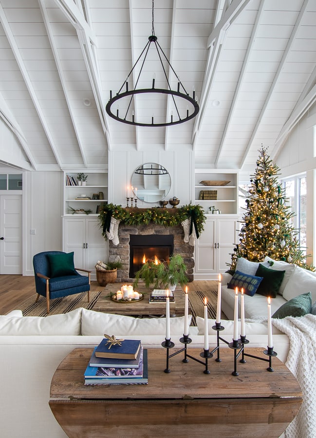Simple green and brass Christmas living room decor. 