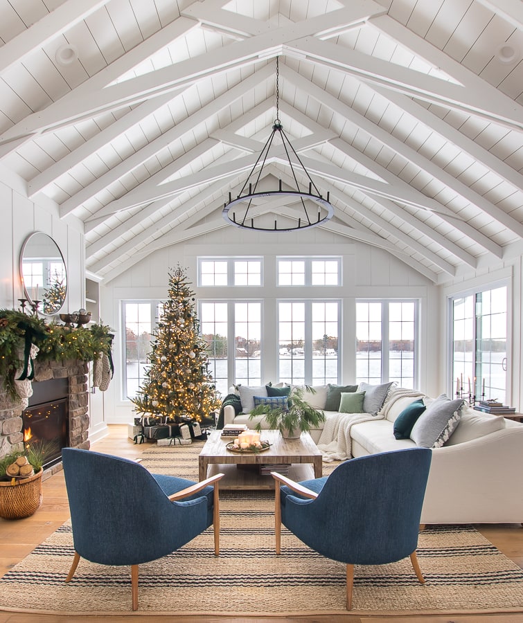 Green and blue Christmas living room decor lake house decorated for Christmas 